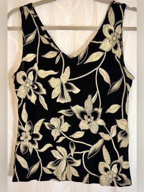 Onyx Nite Black & Gold Floral Shimmer Tank Top Size Medium Evening Party